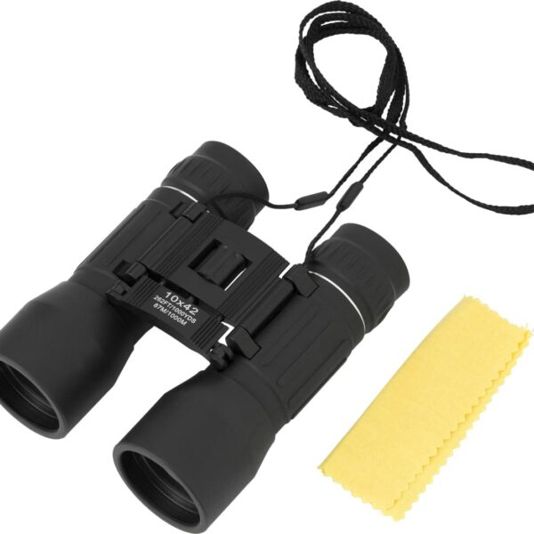 Black binoculars with neck strap and a yellow cleaning cloth beside them.