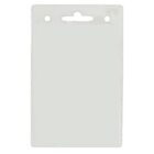 Blank white plastic ID badge holder with two round holes and one slot at the top.