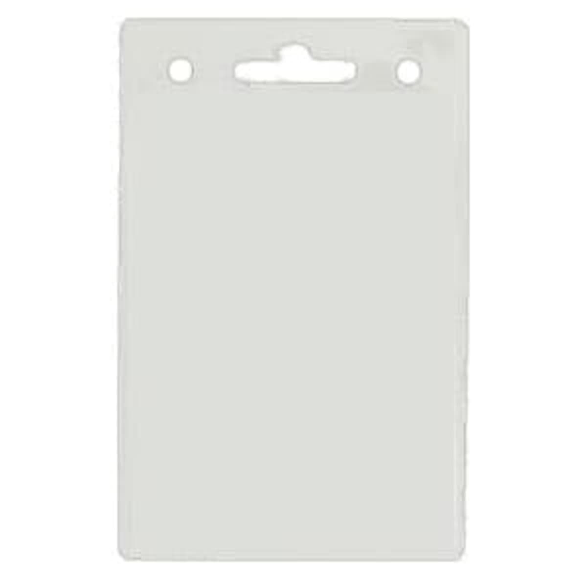 Blank white plastic ID badge holder with two round holes and one slot at the top.