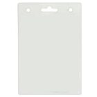 Clear plastic badge holder with two round holes and one slot at the top.