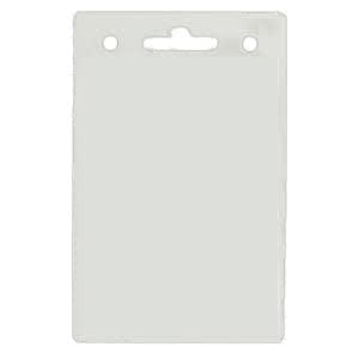 Blank plastic ID badge holder with two round holes and one oblong slot at the top.