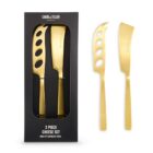 Gold 2-piece cheese knife set in a black box, with both knives also shown outside the box.