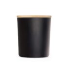 A black cylindrical container with a light wooden lid on a white background.