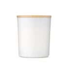 White container with a wooden lid on a plain white background.