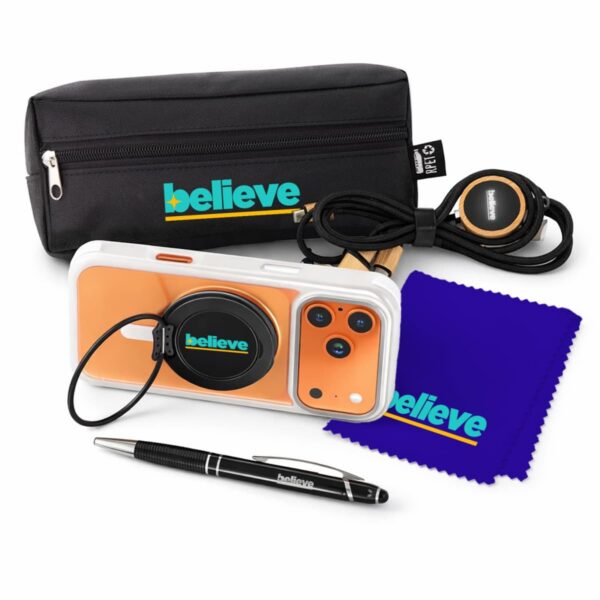 Black pouch, pen, phone, lanyard, and cloth all labeled believe in blue and green text.