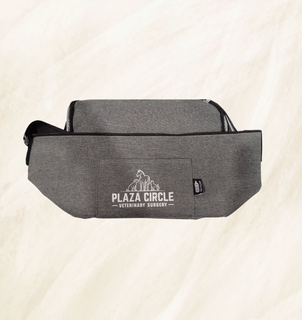 Gray waist bag with Plaza Circle Veterinary Surgery logo.