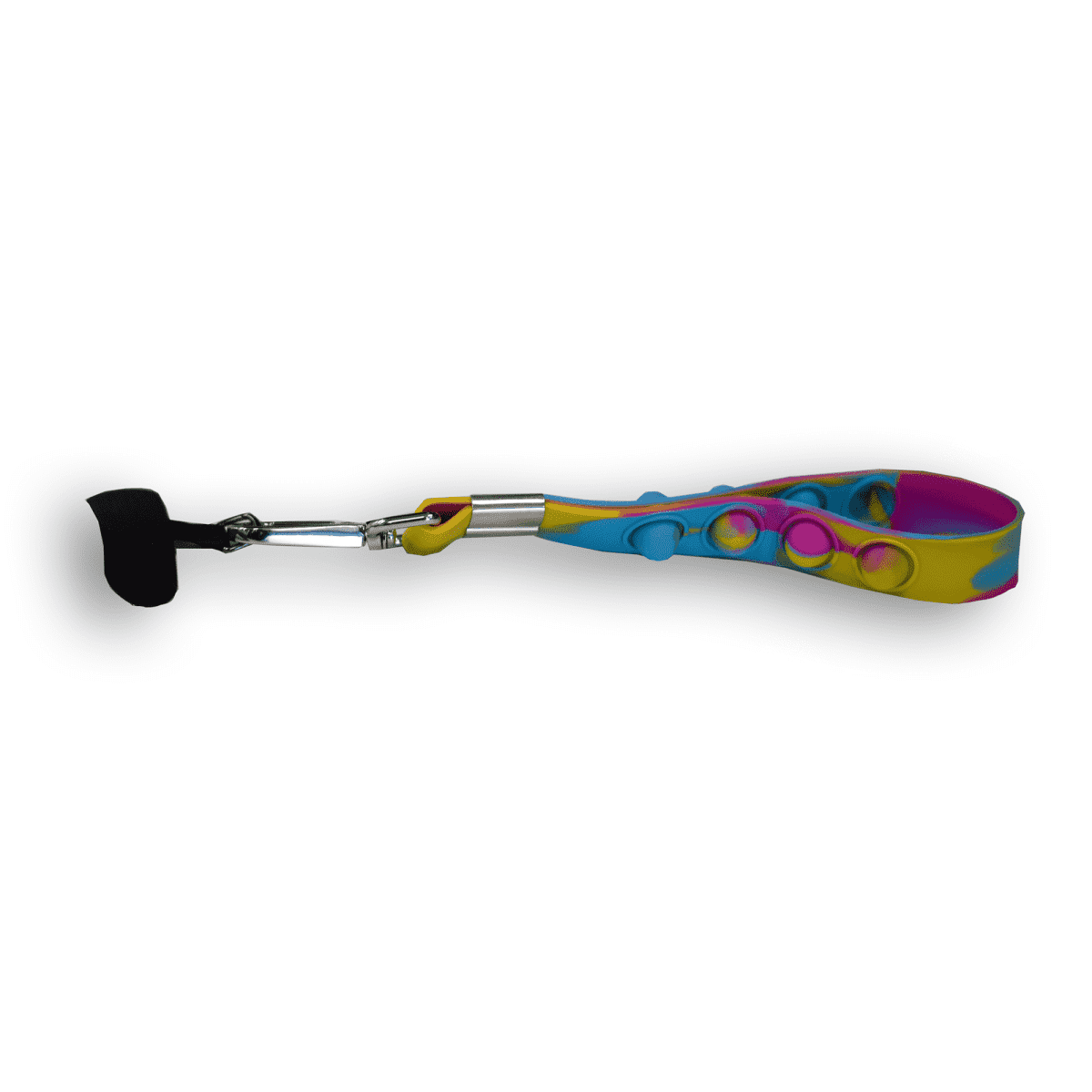 A colorful back scratcher with a rubber handle and a black scratching head.