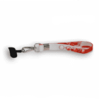 Red and white lanyard with a metal clip and a black attachment, on a white background.