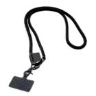 Black lanyard with a plastic clip and a blank rectangular badge holder attached.