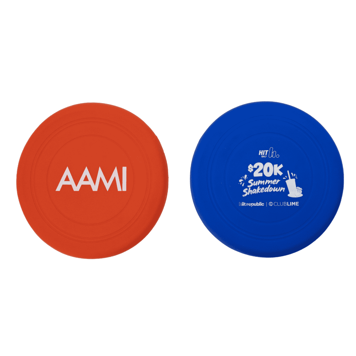 t471_group_b-1.png Red frisbee with AAMI text and blue frisbee with $20k Summer Shakedown text.