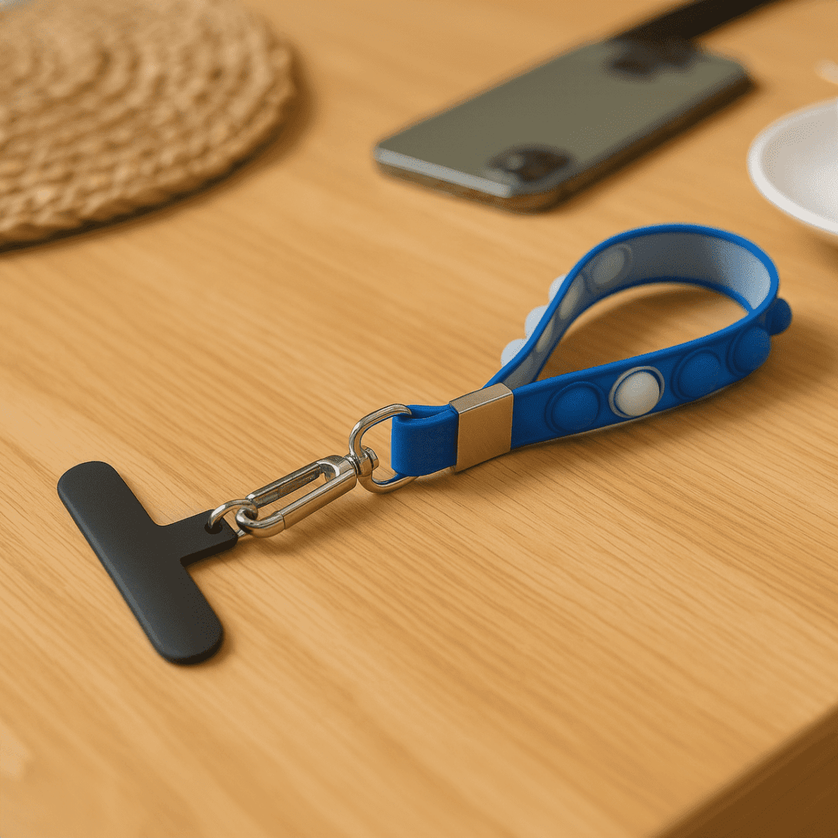 t523.png A blue wrist strap with a black T-shaped attachment lies on a wooden table.