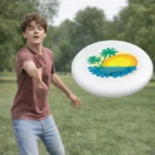 Teen boy in a park tossing an Aero Large Flyer with Sunset Beach palm tree design.