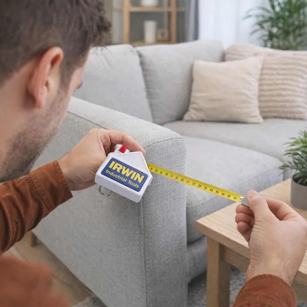 Person measuring a sofa with a House Tape Measure Keychain in the living room.
