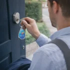 Man unlocking a blue door with a key and a Metallox Drop Metal Key Ring.