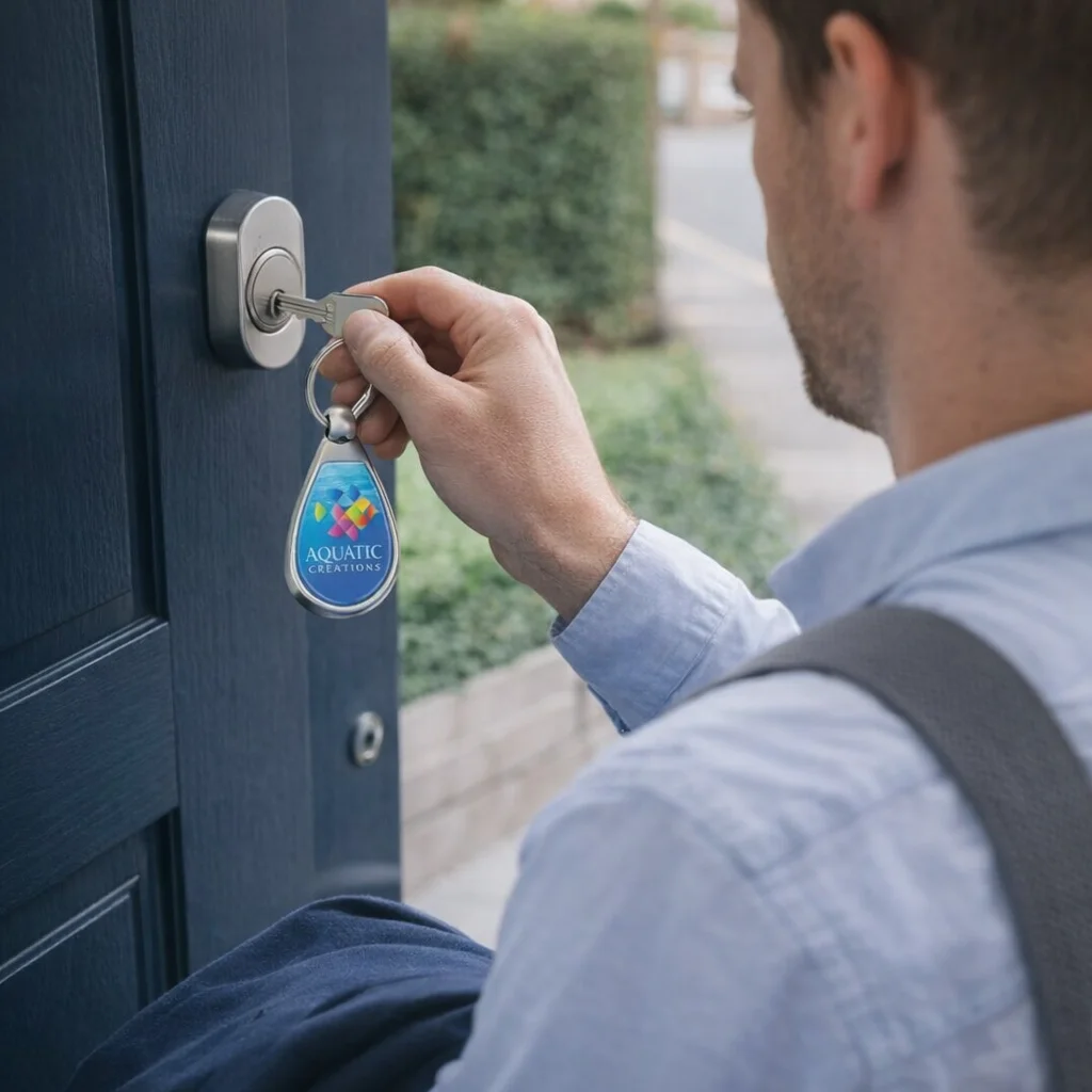 Man unlocking a blue door with a key and a Metallox Drop Metal Key Ring.