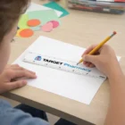Child drawing a line on blank paper with a pencil using an Oli Mini Ruler.