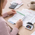 Person reviewing bills with coffee, calculator, and The Estate House Magnetic Clips.