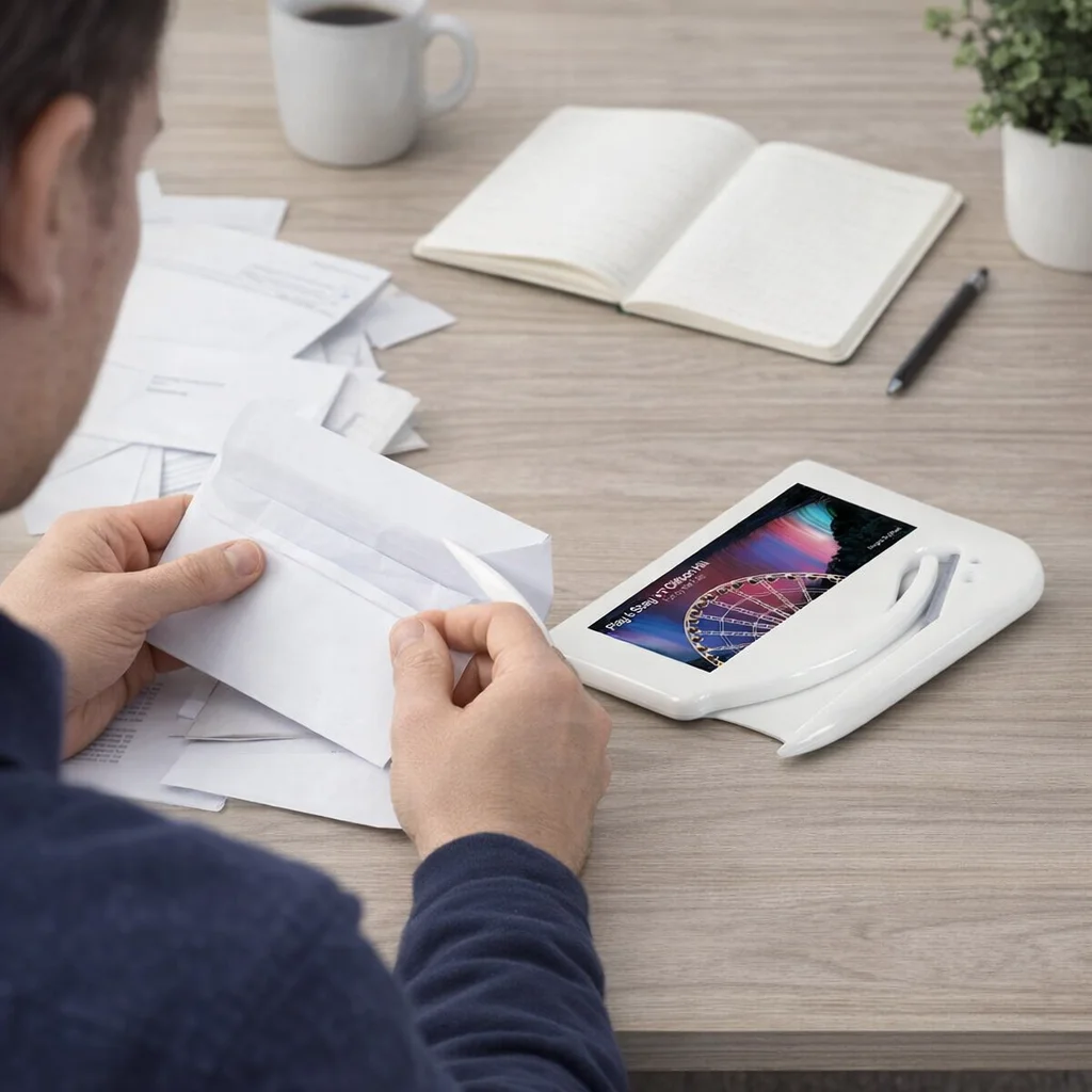 Someone opens mail with an Orion Letter Opener at a desk with a tablet, papers, and coffee.