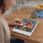 Woman using a tablet showing Ziggo Puzzles with colorful cartoon characters at a wooden table.