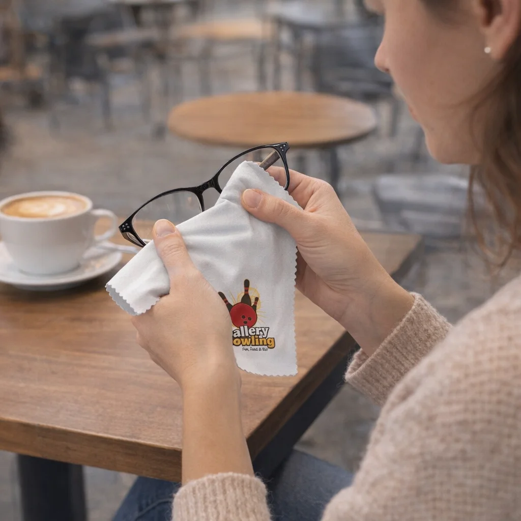 Cleaning glasses with Afton Polishing Cloths at a café, latte on the table.