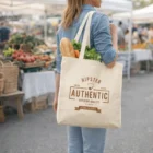 At a farmers market, woman carries Mystash Cotton Tote Bags filled with veggies and bread.