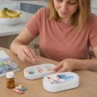 A woman organizes medication using Medique Pill Boxes at her kitchen table.