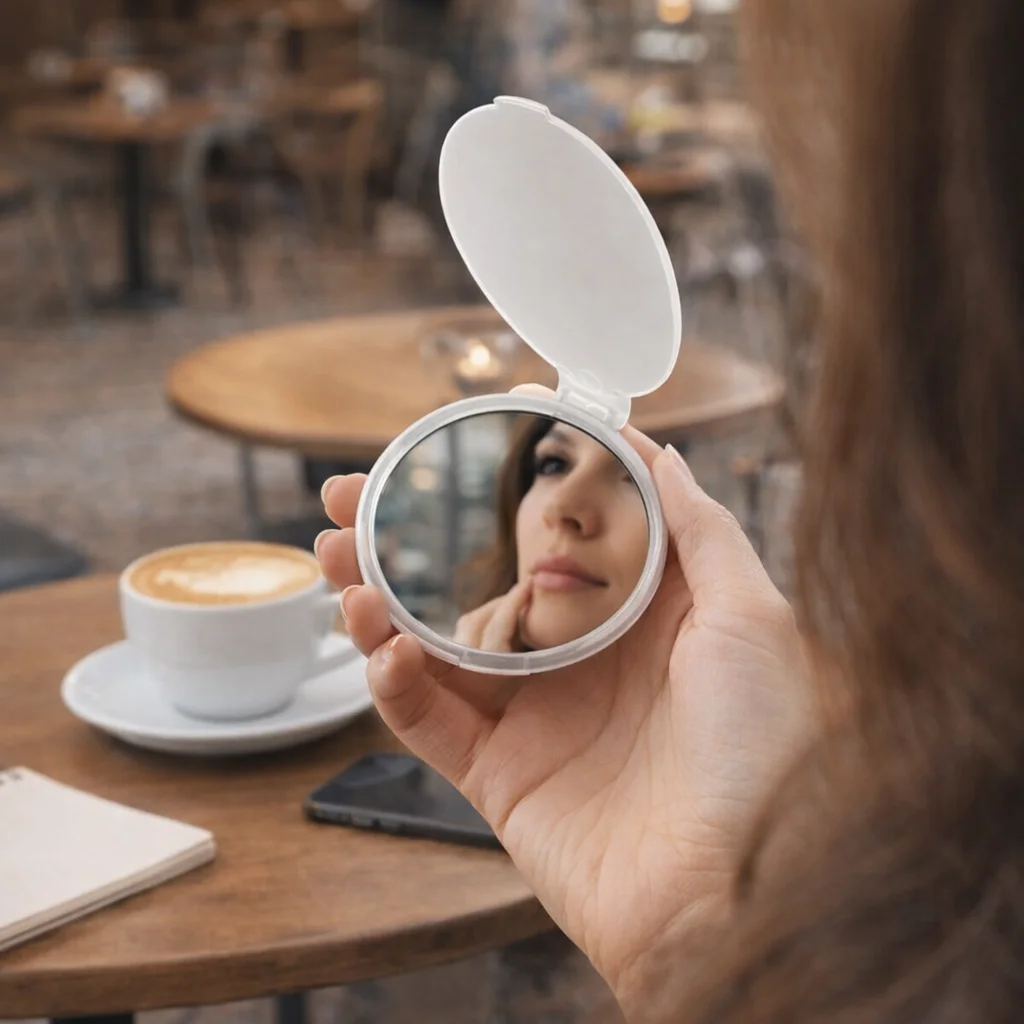 A woman’s face reflected in a Printed Compact Mirror at a café, coffee on the table.