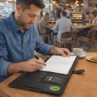 Man writing at café with coffee, croissant, and Capstone Portfolios With Calculator.