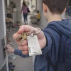 Someone holds Chromatic Metal Key Rings at a cluttered doorway while another walks inside.