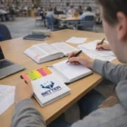 Student studying with Scribez Hard Cover Notes And Flags, books, and a Better Exam Coaching notebook.