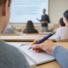 A student takes notes with Olimpia Pens while the teacher lectures at the front of the class.