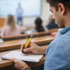 Student writing with a Spiro Pen in class, facing the teacher at the front.