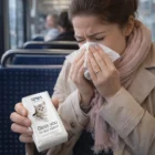 Woman on a bus sneezes into Avera Promo Tissues, holding a cat-themed "Bless you" pack.