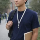 Student in a navy shirt with a notebook, wearing Looptag Lanyards 12mm outdoors.