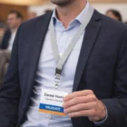 Person in a suit with a Looptag Lanyards 24mm and delegate badge.