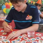 A boy applies 51Mm x 51Mm temporary tattoos to his hand at a colorful party table.