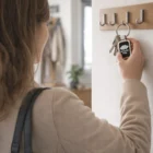 Person hanging keys with Steelhead Key Rings on a wall hook.