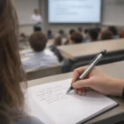 A student takes notes in a lecture hall using an Exxis Pen and notebook, lecturer blurred ahead.