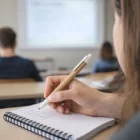 Student taking notes with Eco Cardboard Pens, facing a blurred presentation.