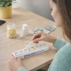 Woman putting pills in a Custom Printed Medication Organiser's Sunday slot on the table.