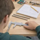 Person using Nodal Vernier Calipers to measure a metal rod near engineering drawings and tools.
