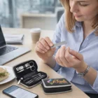 A woman uses an Aikon Manicure Set at her desk with her phone, laptop, and coffee nearby.