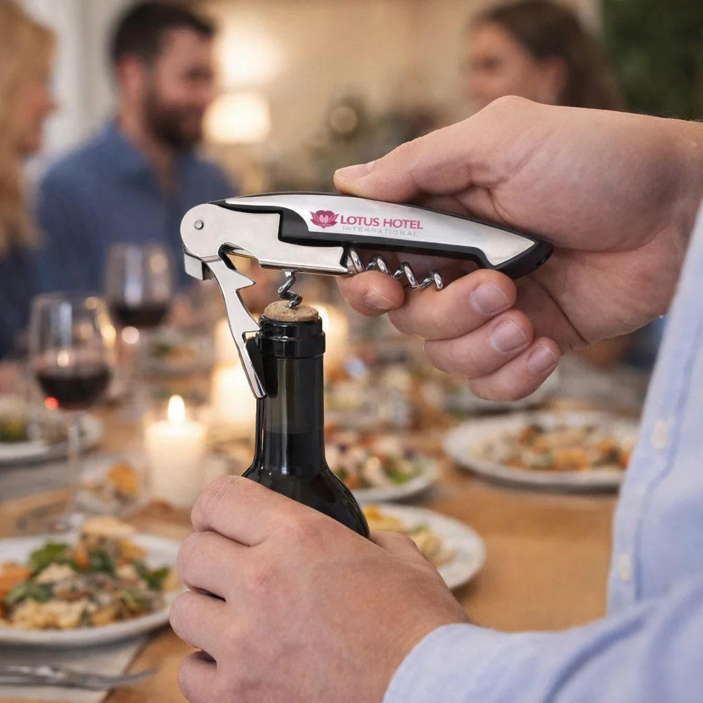 A hand opens wine with a Zumon Wine Waiters Knife at a dinner table set with food and wine.
