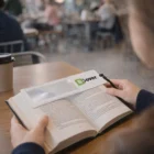 Enjoy your book at a cafe using Vex Bookmark Magnifiers for easy reading.