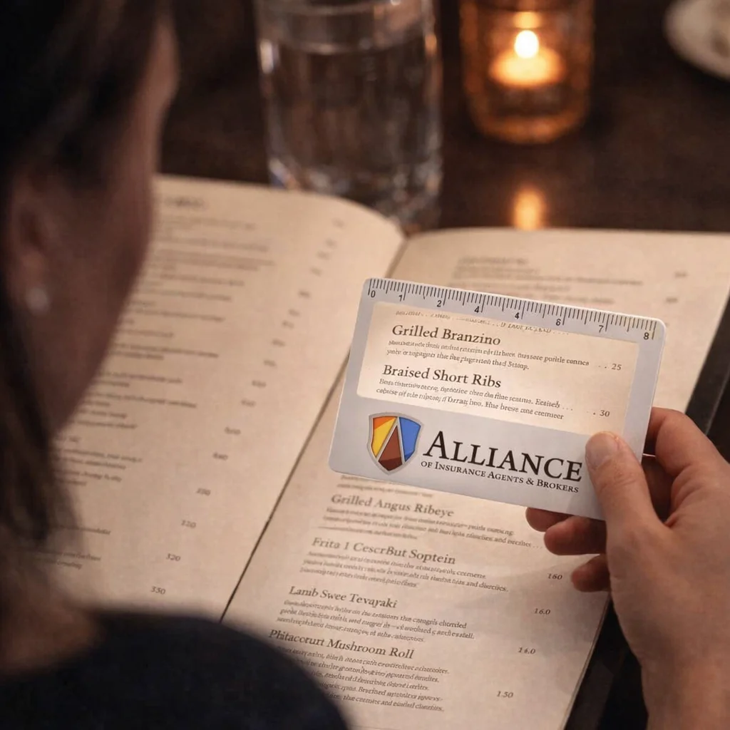 Reading a restaurant menu with Kontax Card Magnifiers at a dimly lit table.
