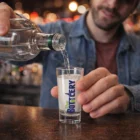 Someone pours liquid into a Sohio Shot Glass labeled "The BOTTLEERY" at a bar.