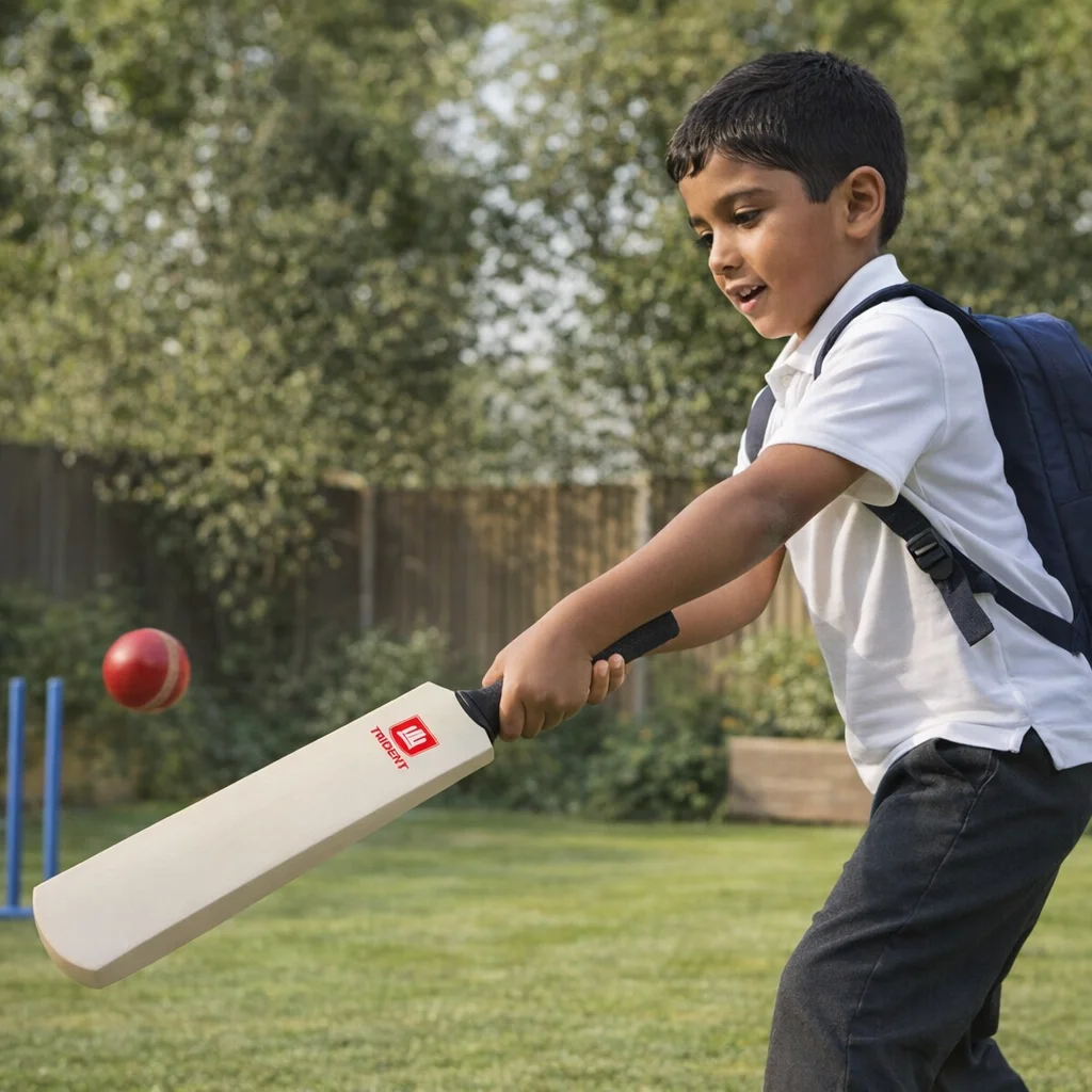 Young boy in uniform swings a Fidar Mini Cricket Bat at a red ball outdoors.