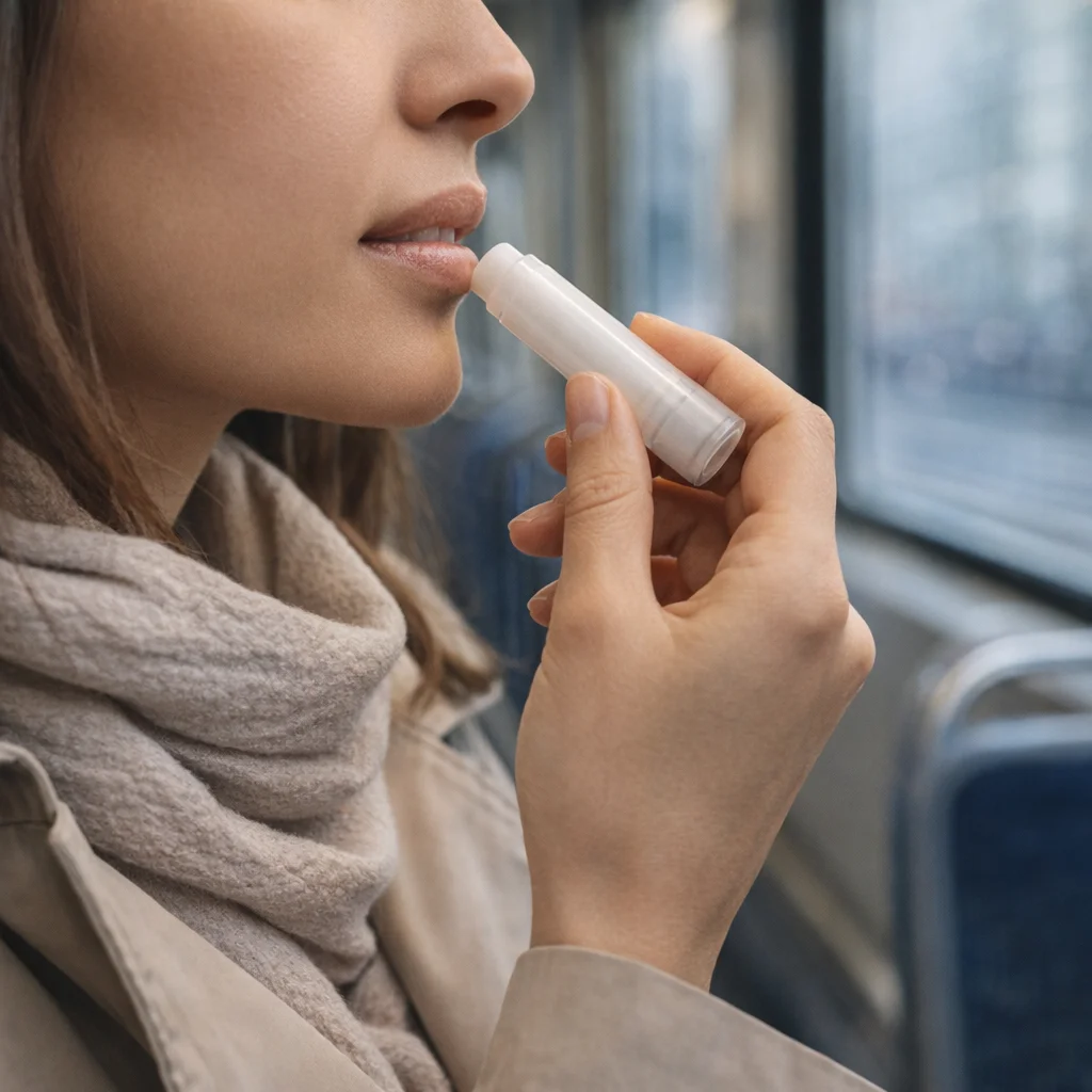 A woman applies Alba Lip Balms while on public transportation.