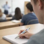 Student taking notes in class with a Polygon Pen, teacher blurred in the background.