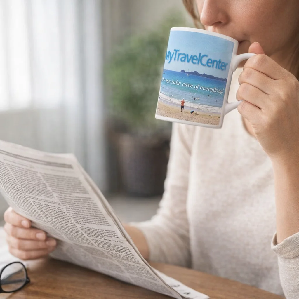 Woman reading a newspaper, sipping from Dye Sublimated Slim Mugs featuring a beach scene.
